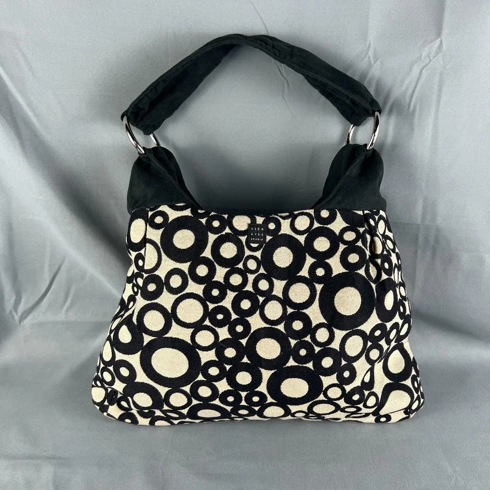 1154 Lill Studio Hobo Handbag Womens Black White Geometric Circles Shoulder Bag